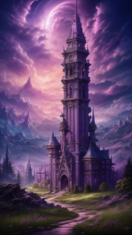 Gothic style, 
neonpunk style, 
ethereal fantasy concept art of  
Masterwork Painting, Magnum Opus, 
 <lora:Wizard_Tower:0.75> witow, castle, cloud, cloudy sky, grass, no humans, scenery, sky, tower, tree, <lora:Fantasy_Mountains:0.75> fanmou, footprints, forest, grass, nature, no humans, outdoors, sky, tree,
  highres, 8k, uhd, High Dynamic Range, tonemapping, crisp details,  intricate details, fine details,
. magnificent, celestial, ethereal, painterly, epic, majestic, magical, fantasy art, cover art, dreamy,
. cyberpunk, vaporwave, neon, vibes, vibrant, stunningly beautiful, crisp, detailed, sleek, ultramodern, magenta highlights, dark purple shadows, high contrast, cinematic, ultra detailed, intricate, professional,
. Dark, mysterious, haunting, dramatic, ornate, detailed