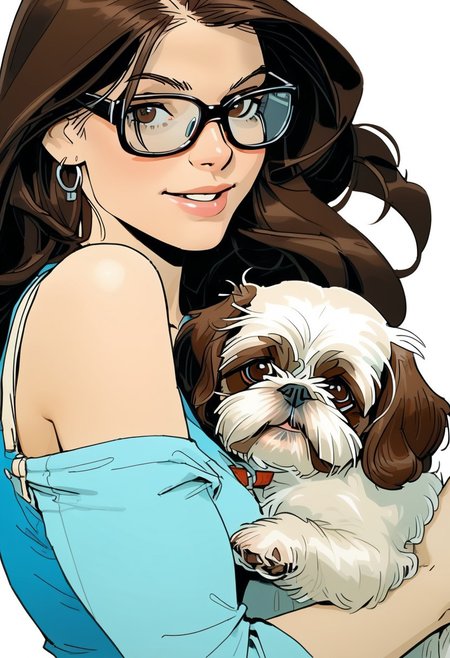 NijiEX style illustration. Close up of a girl holding a shih tzu in her arms, glasses. Long flowing brown hair, brown eyes.Style by Masamune Shirow.