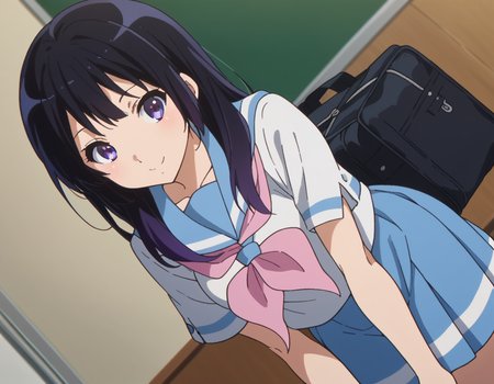 score_9, score_8_up, score_7_up, source_anime,
reinakousaka, <lora:reina-kousaka-ponyxl-lora-nochekaiser:1>,
reina kousaka, long hair, bangs, black hair, purple eyes,
skirt, shirt, school uniform, white shirt, short sleeves, pleated skirt, serafuku, sailor collar, blue skirt, neckerchief, blue sailor collar, school bag, pink neckerchief, kitauji high school uniform,
indoors, classroom, bent over, smile,
looking at viewer, cowboy shot, dutch angle,