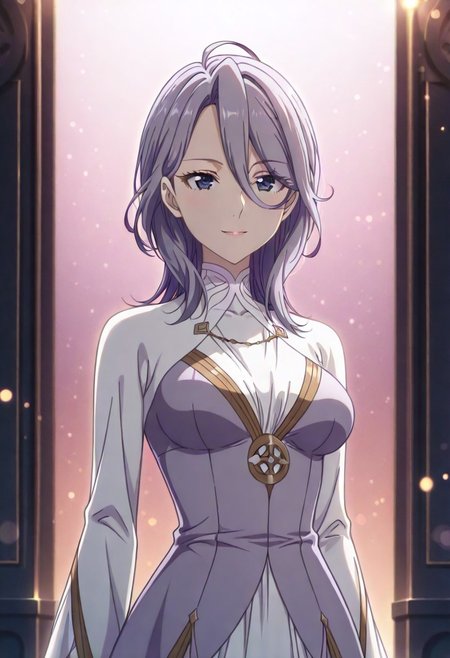 masterpiece, best quality, amazing quality, dynamic view,  solo, dynamic view,  solo, 1girl, masterpiece, best quality, bokeh, luminescent background, 
( hildegardadenauer,, 
purple hair, ahoge, medium hair, blunt bangs, hair over shoulder,  hair betveen eyes, purple eyes, medium breasts, ,
 dress, two-tone dress, purple dress, white dress,  long sleeves, white shoes,, 
 )
portrait, happy