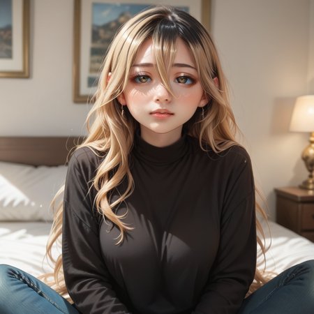 score_9_up, score_8_up, score_7_up, (masterpiece), (best quality), (ultra-detailed), (very aesthetic:1.2), intricate details, perfect composition, absurdres, romantic atmosphere, 
1girl, solo,  <lora:OchiaiPONY:1>,ochiai,multicolored hair,blonde hair,hair between eyes,long hair,brown eyes,
jeans,black sweater,long sleeves,shirt tucked in,
fantasy inn, bedroom, sitting,
<lora:43stl1ght1ngXLP2:0.5>, 43stl1ght1ng, <lora:Expressive_H-000001:0.8>, expressiveh, <lora:d3t41l3dXLP:0.5>, d3t41l3d, <lora:add-detail-xl:1>, zPDXLrl