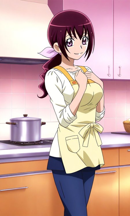 general,highres, ultra-detailed,very aesthetic,best quality ,best hands, BREAK <lora:Hoshizora_Ikuyo_Smile_Precure_IS:1>
Hoshizora_Ikuyo, 1girl, solo, large breasts, purple hair, ponytail, hair ribbon, pink ribbon, long hair, pink eyes,
Yellow apron,
 pants, blue pants,  
hands on own chest,
sleeves rolled up, 
smile,looking at viewer, cowboy_Shot,
indoor, kitchen,