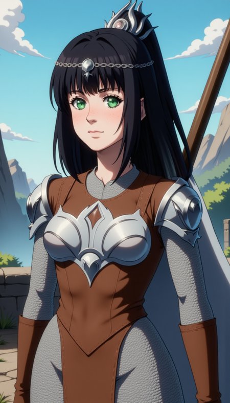 A (80s anime screencap:1.5) 
of a female character, 1girl, solo, breasts, looking at viewer, bangs, black hair, hair ornament, jewelry, standing, day, sword, armor, green eyes, nose scar, bodysuit, makeup