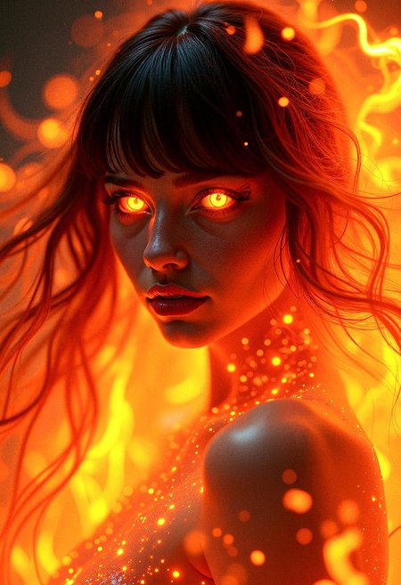 an inferno seraph with ethereal hair flowing like liquid fire, engulfed in vibrant and multicolored flames, glowing eyes filled with intensity, ultra-high-definition rendering, photorealistic textures, dynamic and dramatic lighting, intricate details in the flames and hair, surreal and otherworldly atmosphere, radiant and vivid colors, smooth gradients, delicate and powerful facial expressions, cinematic composition, glowing and fiery aura, vivid and ethereal energy, soft transitions between light and shadow, high-contrast background, celestial fire essence, fire spirit, emblem of fire, pyrokinesis, (wider camera shot:2), 
extremely long bangs, hair hair over one eye, 


