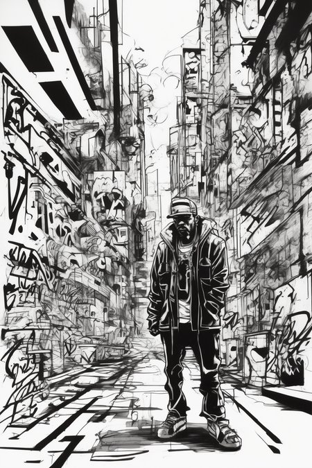 Jim Mahfood Style - thug graffiti characters 2050 redacted reality bio tats cru style Linear Perspective 1-D axis lines Sketch Drawing Doodle