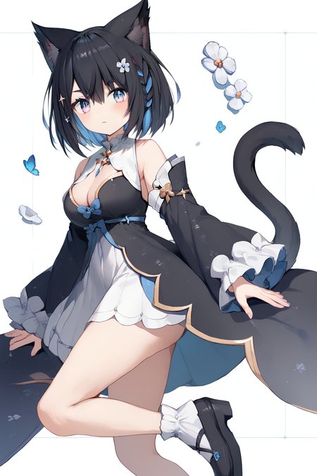 (score_9,score_8_up,score_7_up,),<lora:Hoshina Suzu-000018>,Hoshina Suzu,colored inner hair,short hair,multicolored hair,blue hair,black hair,cat ears,side braid,multicolored eyes,blue eyes,pink eyes,black dress,tail,black footwear,
