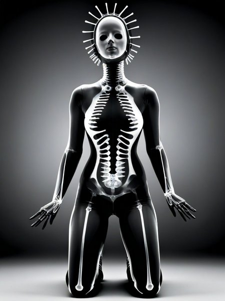 woman arms behind head, body leaning forward slightly, legs crossed, thoughtful and relaxed body language, wearing rubber gimp suit, Abnormal, abstract,x-ray art, <lora:DeconDada++:1>