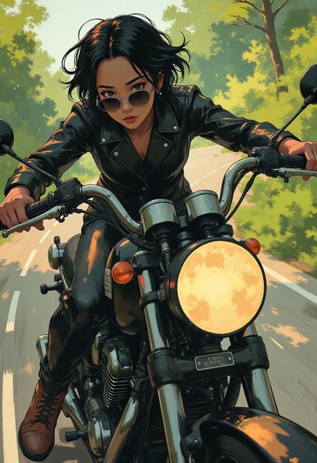 An illustrated action shot of a woman riding a motorcycle at high speed. The woman is wearing sunglasses and riding leathers. She has short black hair that is whipping in the wind created by high speed of travel. She is leaning into a turn and riding with her torso close the motorcycle to maintain optimal control. The view is at a slight upward angle and from a three-quarter perspective. She is riding down a windy country road at high speeds. She is concentrating on the road while enjoying the thrill of traveling at high speeds. The country background is blurry from speed of travel. The lighting is vibrant and lush. Highest quality, best quality, masterpiece.