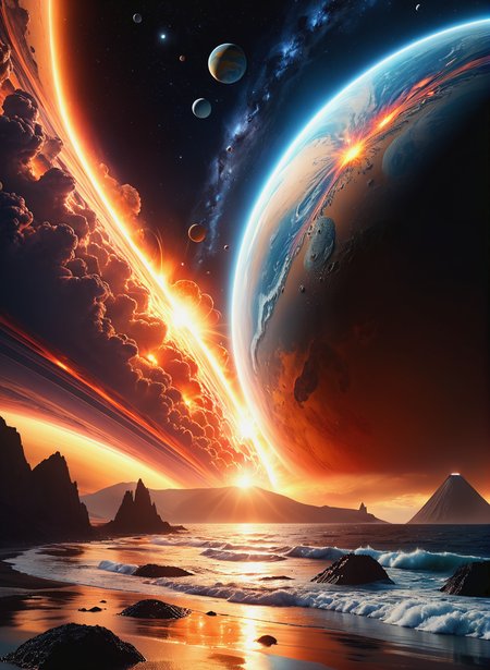 ((Cinematic film screensaver)), ((futuristic picture)), birth of the planet, celestial action scene, science fiction film Solaris, story Stanislav Lem, science fiction space, science fiction story about space travel, volcano planet, ((fire)), air currents, water drops, dynamic pose, tender, soft pastel colors, soft natural volumetric light, atmospheric, sharp focus, centered composition, complex background, soft haze, masterpiece, animalistic, beautiful, tiny detailed, ultra fine, dramatic lighting, (full body realistic photo), ((frame filled with various details)), soft lighting, (Highly Detailed:1.6), <lora:add-detail-xl:1.2>, ((professional photo)), ((64 megapixels)), HDR, (((ultra high quality))).