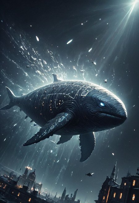 Big enormous giant flying cosmic space whale, flying in space, light rays, mystical, white glowing runes, glowing eyes, carrying city on its back