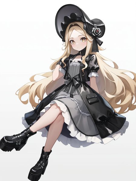 1girl,flower,solo,yinggelite,simple background,white background,looking at viewer,,yellow eyes,crossed_legs,sitting,gothic_lolita,short sleeves,<lora:yinggelite-000006:0.7>, masterpiece, best quality, very aesthetic, absurdres