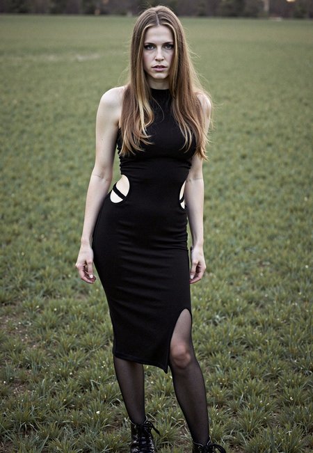 fine art photography, cinematic portrait, young woman, narrow waist, long light-brown hair, full hips, standing, piercing eyes, soft natural lighting, muted color tones, black form-fitting dress with cut-out details on the sides, The dress has a high neckline and is mid-length, reaching just above her knees, She is also wearing black, lace-up high-heeled shoes and black stockings, moody aesthetic, full body shot, candid expression, subtle grain, shallow depth of field, retro ambiance, warm skin tones, outdoor setting, artistic composition, timeless style, nostalgic atmosphere, soft focus edges. <lora:Xevbell_Rank_1_FAST_4x_GPU:1.0>