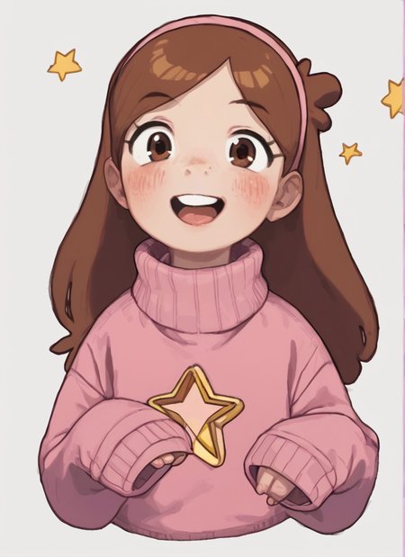 score_9,score_8_up,score_7_up <lora:possummachinexl:0.8>possummachine_style ,  1girl, solo, long hair, looking at viewer, blush, smile, open mouth, simple background, brown hair, long sleeves, white background, brown eyes, upper body, hairband, teeth, tongue, star (symbol), sweater, sleeves past wrists, turtleneck,  teeth, sleeves past fingers, cropped torso, red sweater, pink sweater , mabel pines