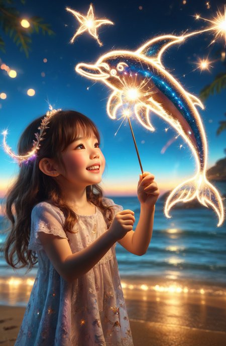 amazing quality, masterpiece, best quality, hyper detailed, ultra detailed, UHD, DOF, depth of field, HDR, perfect anatomy
solo, cute, kawaii, brown hair, joyfully plays with fairy wand, waving it in the air, 
a (dolphin:1.3) above the fairy wand, translucent, dazzling, shine, sparking, trajectory of sparks, (milky way:1.2),
beach, wide-angle lens,
<lora:cfc-spark-dragon-000006:0.65>, 
<lora:add-detail-xl:0.8>,
<lora:extremely_detailed:0.8>, extremely detailed,
<lora:EnvyBetterHiresFixXL01:1.0>, 
 SK_Fantasy,