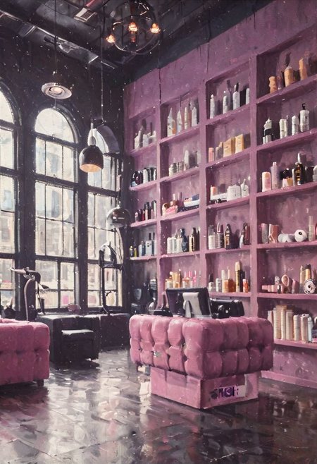 ((a beautiful woman in a Hair Salon, pink and black purple color Palette, urban city  window view)), 
bust shot, close-up lips, 
modern interior design, cyberpunk, 
Recliner|Dressing table|Table lamp|Screen|Monitor|Signboard_Details,
Metal|Glass|Leather|Textiles|Carpet|Pillow_Texture,
perfect blonde hair, 
(modern photo, fashion dress up:1.1), 24mm, (analog, cinematic, film grain, hazy atmosphere, detailed eyes, (seductive), (epicPhoto), (looking at viewer), (cinematic shot:1.3),
ac_neg1, great lighting, extremely detailed, happy, Hair Salon, impressionist painting, zoya