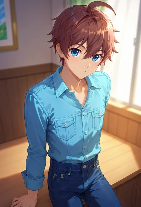 masterpiece, best quality, , , looking at viewer, depth of field, 1boy, solo, male focus, <lora:seto_aihara_ilxl:0.96>, seto_aihara, brown hair, blue eyes, short hair, ahoge, , , , Satin Toile Trousers, Western denim shirt, , ,