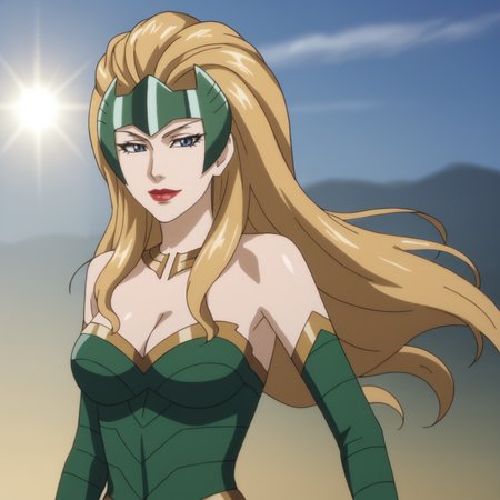 <lora:enchantressanime_pony_v1:.7> enchantressanime, 1girl, long hair, medium breasts, cleavage, strapless dress, lipstick, bare shoulders, detached sleeves, jewelry, cowboy shot