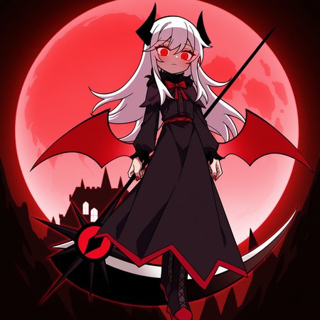 masterpiece, best quality, amazing quality, anime screencap, 1girl, solo, floating, red sky, full moon, castle, glowing eyes, <lora:VareltFNF:0.9>, VareltFNF, white hair, long hair, red eyes, black horns, neck ribbon, red ribbon, red demon wings, long fingernails, red fingernails, black dress, long dress, black skirt, black boots, holding weapon, scythe