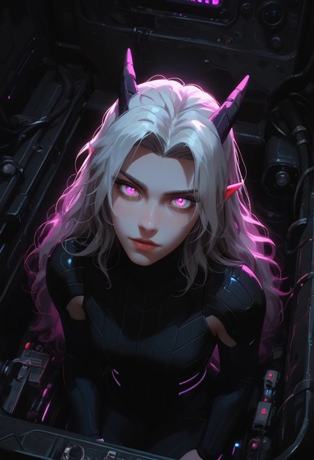 ((score_9_up, score_8_up, score_7_up:1.3)), rating_safe, face closeup, 1girl, rayla, long hair, white hair, horns, pointy ears, purple eyes, (very attractive face), wide hips, image from above, (expressive eyes), (cobalt blue, white and magenta plugsuit:1.1), futuristic style, inside mech cockpit, mecha cockpit, (futuristic computer monitors, gauges, lights:1.1), detailed background, amazing background, neon, glow, glowing, (bioluminescence:1.1), high contrast, dynamic angle, dynamic pose, coy expression, very aesthetic, diffused lighting, every detail illuminated, ultra-detailed, masterpiece artwork, flawless anatomy, easynegative, eye catching,  Expressiveh, g0thicPXL, glowing, neon, TDPStyle,
