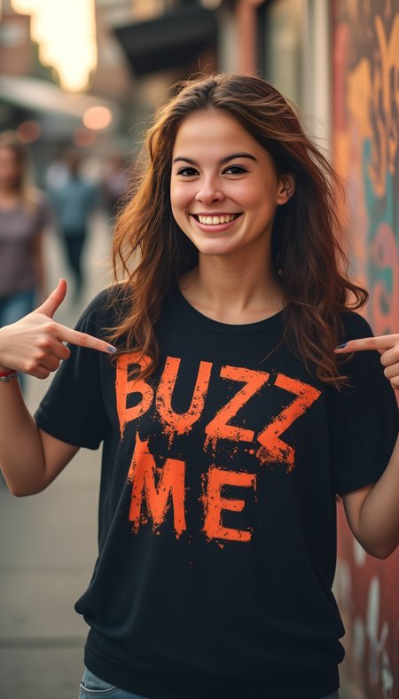 a young woman with long, wavy brown hair and bright eyes standing outdoors in an urban setting with graffiti-covered walls and blurred figures in the background. She is smiling warmly and pointing at her black T-shirt, which has the bold, distressed text "BUZZ ME" in red-orange letters with a paint-splatter effect. The setting appears lively, with warm lighting and a vibrant street atmosphere. Her nails are painted, adding to her stylish and energetic look