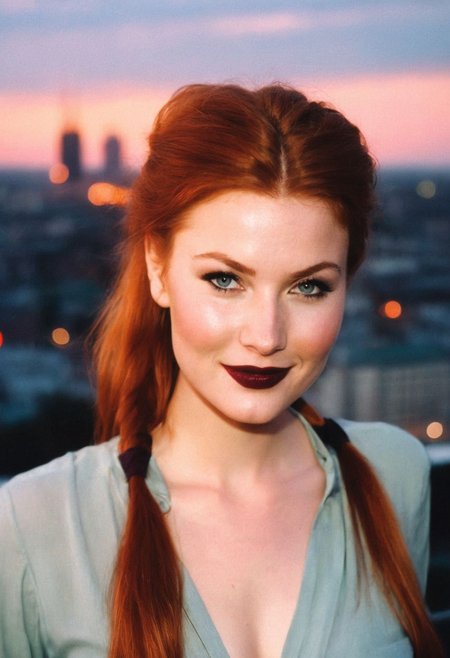 CinematicPortrait woman (analog photo) ginger smile slavic cleavage ponytail  outdoors, (glossy dark lipstick), grey eyes, (balcony cityscape sunset), (soft focus, depth of field, film grain), (((looking at viewer))) <lora:CinematicPortraitXL_v3:0.25>  <lora:EuroBabe-v4-XL:0.35>