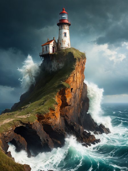 by Greg Tocchini and Jan van Kessel the Elder, (slender ancient and dilapidated lighthouse on top of a terrible cliff offering atmospheric views.:1.4), (big storm and waves at sea:1.4), hyper detailed, poster art, bold lines, expressive drawing,  award winning, (intricate details, masterpiece, best quality:1.4), looking at viewer, dynamic pose
<lora:add-detail-xl:1> <lora:xl_more_art-full_v1:0.5>  <lora:NicolaSamori:0.5> in the style of nicola samori