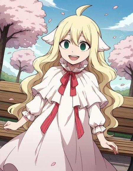 score_9, score_8_up, score_7_up, source_anime, <lora:mavis-vermillion-anime-ponyxl-lora-nochekaiser:1>, mavis, long hair, blonde hair, green eyes, ahoge, wavy hair, animal ears,, dress, white dress, collar, ribbon, red ribbon, capelet, long sleeves,, park, cherry blossoms, bench, gentle breeze, peaceful, running, open mouth,, smile, , hand palm facing down, solo,, cowboy shot, dutch angle