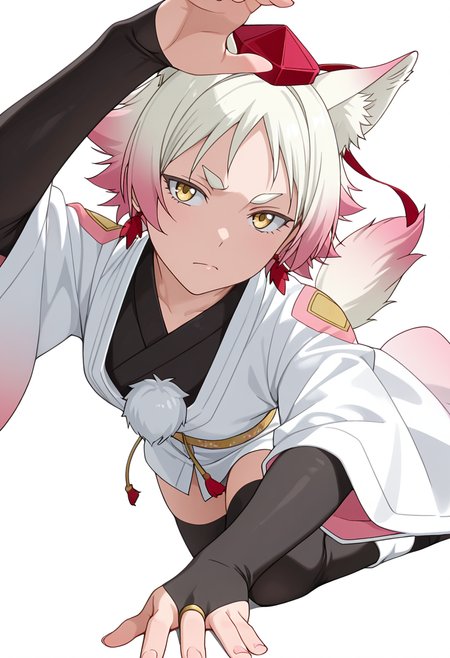 Smooth Quality,masterpiece,very intricate, high quality details, ultra realistic, high detailed skin,detailed enviorement,absurdres,
simple background, white background,solo,
kneeling pose, one hand on the ground, other hand reaching forward, focused gaze, tense muscles,  ,sideways,annoyed,
 <lora:Momiji_cnn:0.8> momijicnn,1girl, wolf ears, yellow eyes, white hair, pink hair, short hair, gradient hair, thick eyebrows,tokin hat, japanese clothes,white kimono,sash, black thighhighs, long sleeves, bridal gauntlets,earrings, pom pom (clothes), tail,