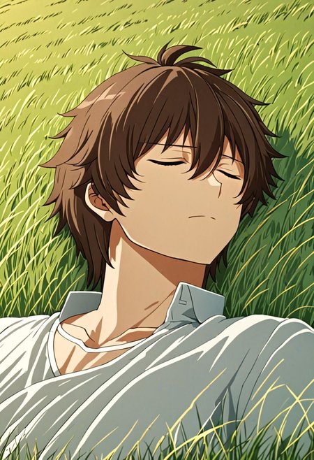 high resolution, solo, best quality, 1Boy, Seiya Kanie, Brownish Hair, sleep, nap, grass, meadow hills, wind breeze, OverallDetail