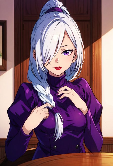 (zPDXL3), 
(zPDXLxxx), 
1girl,
solo,
ChopioMeiMei, white hair, looking at viewer, purple nails, long fingernails,
long hair, braided ponytail, hair tie, front ponytail, hair over one eye, purple eyes, red lipstick, half-closed eyes, 
outfit_1, purple dress, turtleneck dress, juliet sleeves, high heel boots, brown footwear,
bust up, 
looking at viewer,