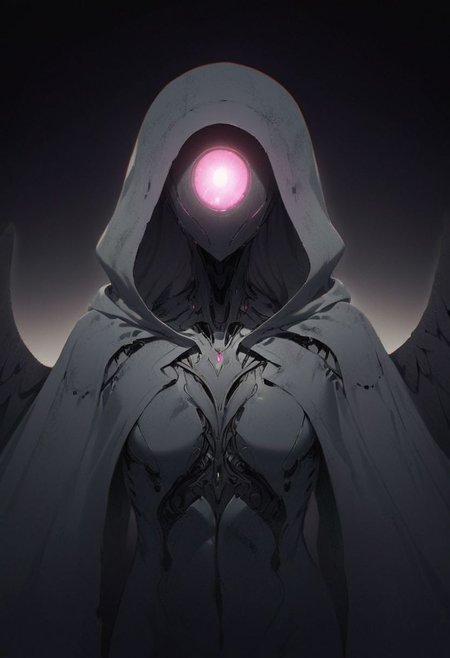 Looking at Viewer, Super head Closeup, Front View, subsurface scattering, Angel Icarus LiS_Robot By tim burton with Large vanta black Wings, large cyber-glow-translucent hooded Cape, DARK black room, Neon translucent Soundwaves visible on the face, very detailed insect eye ( The outer part of the ommatidium is overlaid with a transparent cornea. Each ommatidium is innervated by one axon bundle (usually consisting of 6 9 axons), Fallen Angle style,
atmospheric haze, Film grain, cinematic film still, shallow depth of field, highly detailed, high budget, cinemascope, moody, epic, OverallDetail, 2000s vintage RAW photo, photorealistic, candid camera, color graded cinematic, atmospheric lighting, imperfections, natural, shallow dof