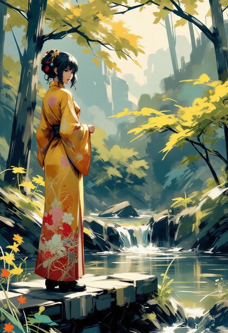 in the style of ck-mgs, nistyle, Special Ink-drawing mode, intricate linework with expressive contrasts, Mh1$AgThS2,  Silhouette Art, magnificent, inksplash image of stunning japanese woman, gold and red cheongsam, standing on stone footbridge over a pristine river in woodland, flowers, shrubs and trees, dappled sunlight, turning to face viewer