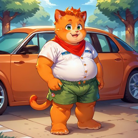 score_9, score_8_up, score_7_up, source_anime, fat, double chin, fat arms, fat legs, chubby cheeks, freackles, wearing a boyscout uniform, wearing shorts, wearing boy scout shirt, unbuttoned, wearing neckerchief, standing, summer camp background, 1boy, cat ears, car tail, paws, orage fur, solo, forest background, happy mood, young, ginger hair, messy hair,  barefoot, chibfurri, furry, anthro, five toes, cub.