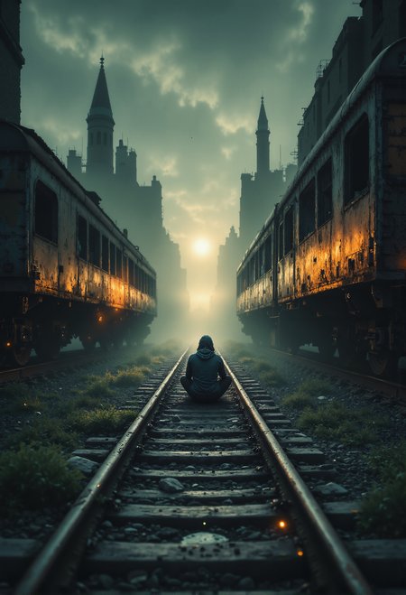 In a dimly lit, abandoned train yard shrouded in thick mist, two rusted train cars sit motionless on parallel tracks, their decayed exteriors hinting at years of neglect. Between them, a faint golden light glows in the distance, casting an eerie yet hopeful aura across the scene. In the foreground, a lone figure in a tattered hoodie sits slumped on the track, their posture heavy with despair and isolation. Weeds and debris encroach upon the rails, while faint silhouettes of skeletal structures loom in the misty background, completing this haunting vision of abandonment and quiet melancholy. <lora:aidmaFLUXPro1.1-FLUX-v0.3.safetensors:1.0>,  <lora:The_Dark_Side_Of_The_Future.safetensors:0.13>,  <lora:NotTheRealWorld-v55-000010.safetensors:0.3>,  <lora:- Flux1 - soothing_atmo_V2.0.safetensors:0.4>,  <lora:Dark side of light.safetensors:0.55>,