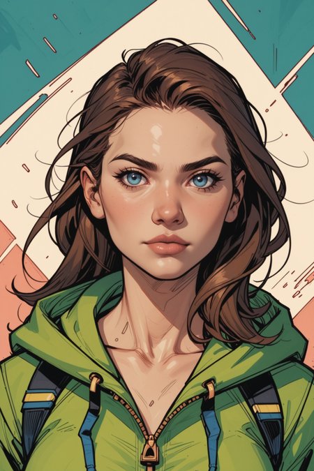 1girl, solo, hood, looking at viewer, upper body, zipper, jacket, brown hair, hood up, cyberpunk, blue eyes, lips, closed mouth, long hair, breasts, mask, hooded jacket, nose, forehead, zipper pull tab, green jacket, a_Comic_Illustration, rough lines with ink, (drawn:1.1), (sketch:1.5), (crosshatching:1.25), (comic style:1.1), graphic novel style, sharp lines, hires, zstyle, (western comics \(style\):1.1), (hatching \(texture\):1.2), zPDXL, Mr_Monster_Possitive, <lora:Expressive_H:0.5>, score_9, score_8_up, score_8_up,