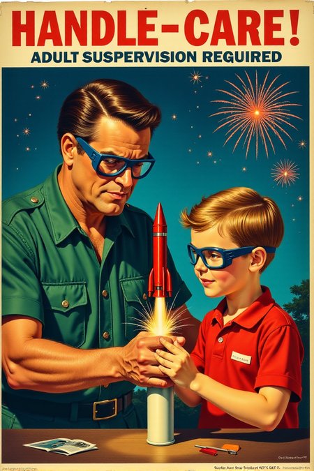 A brightly colored vintage safety poster depicting a stern-looking adult male wearing protective goggles, firmly but gently guiding a young boy (also wearing goggles) as he lights a single firework rocket placed securely in a launch tube. The background features a clear night sky with stylized, safe fireworks exploding at a distance. Bold, red sans-serif text at the top reads: "HANDLE WITH CARE! Adult Supervision Required." Focus on the clear depiction of safe handling and the importance of adult guidance.  <lora:REMEs_War_Poster_Style:0.95> In REME's War Poster Style,âââ