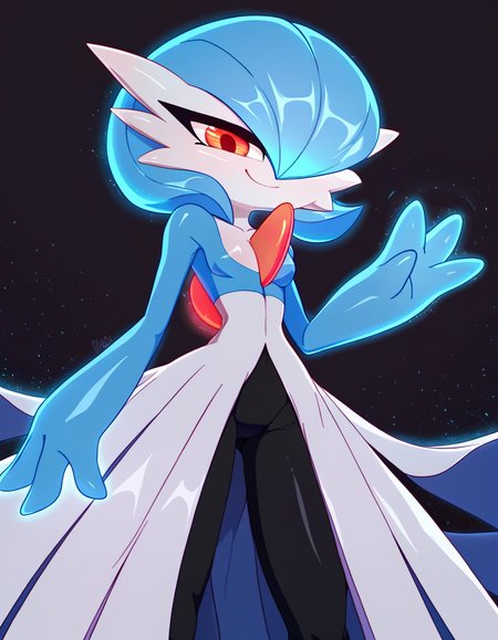 score_9, score_8_up,  BREAK    <lora:Mrploxykun_Artist_Style_ponyXL-000012:1>,  black eyeliner, gardevoir, pokemon \(creature\),two-tone_skin, glowing eyes, perspective distortion, solo, looking at viewer, smile, small breasts, shiny pokemon, blue skin , blue theme, black background, glowing hair, glowing eyes, energy aura , light particles, limited palette, long skirt, bloom effect,