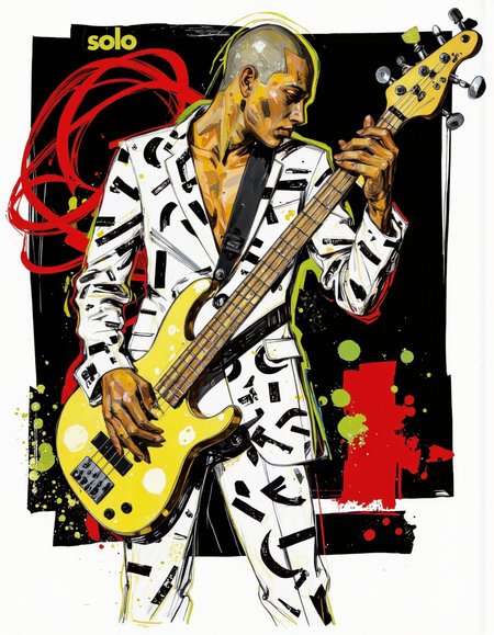 By Martin French. A digital illustration shoot from a profile camera angle about a stylized illustration of a muscular man playing a bass guitar. the image also shows abstract shapes and lines in the background. on the middle of the image, a muscular, bald man, who appears to be in his mid-twenties, with a serious expression, is playing a yellow electric bass guitar, wearing a white suit with black and white abstract patterns. he is positioned in the center of the frame, with his upper body facing the viewer. the man's hair is shaved, and his eyes are focused on the instrument in front of him. the background is a red and black abstract design with splashes of green and yellow, and the text "solo" is in the top left corner. <lora:Martin_French:1>