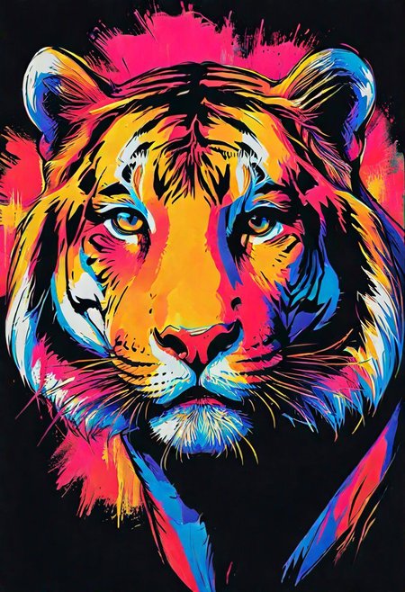 impactful color paint of, a Tiger, highly detailed, vibrant colors , 8k, sharp, professional, clear, high contrast, high saturated, , vivid deep blacks, crystal clear