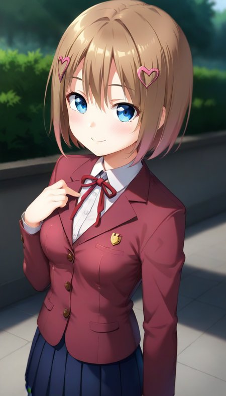 score_9,score_8_up,score_7_up,score_6_up BREAK official art,solo,outdoors,upper body,(portrait:1.5),looking at viewer,facing viewer,smile,blush,(petite:1.5),Wataya Rio,short hair,brown hair,heart hair ornament,hairclip,bangs,blue eyes,school uniform,red jacket,Blazer,white shirt,collared shirt,long sleeves,sleeves past wrists,medium breasts,blue skirt,pleated skirt,white socks,loafers,<lora:Wataya Rio(od)-Pony:1.4>,