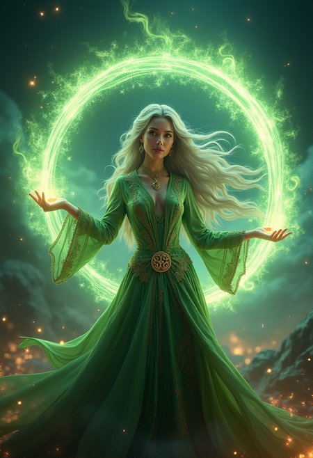 A stunning 4K image of a beautiful sorceress with flowing silver hair and elegant, intricately designed robes that shimmer with celestial patterns. She’s casting a massive, swirling spell of green flames mixed with sparkling stardust. The spell erupts from her outstretched hands, forming a radiant spiral of light and energy, with glowing celestial symbols orbiting around it. Her eyes glow with an intense, otherworldly power as the spell lights up the night sky, warping reality with waves of heat and shimmering particles. The scene is bathed in a warm, ethereal glow, with exquisite details on the sorceress's attire, the spell's fiery tendrils, and the mesmerizing lighting that brings this magical moment to life