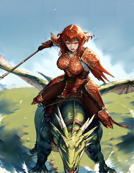 score_9,score_8_up,score_7_up,masterpiece,zPDXL3,<lora:Pony_DetailV2.0:1>,sky BREAK 1girl,1other,large breasts,
BREAK wyvern rider,dragon riding,knight,green dragon,polearm,holding polearm,holding weapon,flying,breastplate,<lora:wyvern rider-pony-v35:1>,fighting stance,charging forward,from above,open mouth BREAK feMva,red hair,short hair,red eyes,green headband,red armor,shoulder armor,gauntlets,gloves,brown pants,pelvic curtain,armored boots,v-shaped eyebrows,serious,<lora:feminerva-pdxl-nvwls-v1:0.9>,screaming,incoming attack,