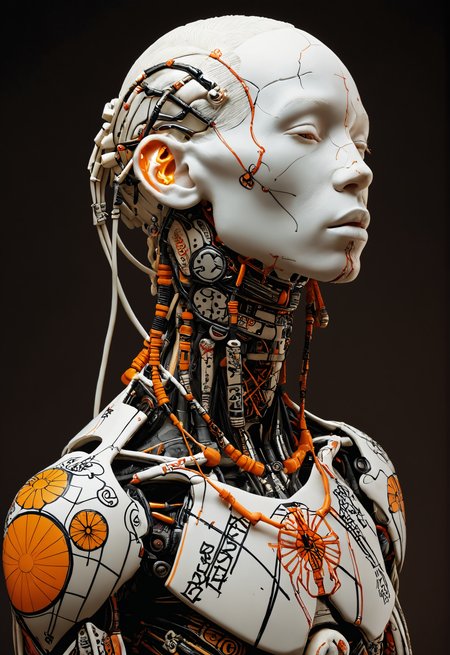 arble sculpture, Maasai cyborg with Japanese tattoos , albino with orange,Expressive Ink Dynamics,David LaChapelle ,black background <lora:add-detail-xl:1> <lora:sli-v1:1> <lora:Cyberpunk _Anime_V2_light_version-SDXL:1> <lora:MJ52:0.5>
