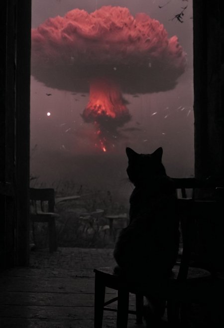 Red and Grey color graded glamour portrait photo of a freightened cat with hump sitting on a chair. infront of a nuclear mushroom cloud in the far, the end of humanity, perfect, almost ethereal, mysterious. Absurdres, 8K, UHD, many details, extreme detailed, full of details, Wide range of colors, HDR.. desert storm backdrop. throwing a translucent red/tanslucent purple/black, weapon, katana, holding katana, atmospheric haze, Film grain, cinematic film still, shallow depth of field, highly detailed, high budget, cinemascope, moody, epic, OverallDetail, gorgeous, 2000s vintage RAW photo, photorealistic, candid camera, color graded cinematic, eye catchlights, atmospheric lighting, skin pores, imperfections, natural, shallow dof,
Behind him, the stars shimmer with distant promise, casting their ethereal light upon the scene. In this moment of solitude and reflection, the cat embodies the resilience of the animal spirit, poised on the threshold of the unknown, grappling with the weight of what might have been.
In the depths of this nocturnal tableau lies the promise of exploration and discovery, where the spirit of the astronaut converges with the boundless possibilities of the cosmos. Though Earthbound for now, his spirit remains untethered, reaching out towards the distant stars with an unyielding resolve to explore, to discover, and to soar beyond the limits of imagination.