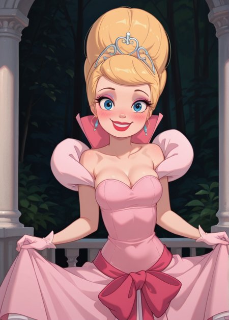 masterpiece, best quality, amazing quality, very aesthetic, absurdres, newest, detailed background, 4k, 8k, outdoors,
lottiexd, 1girl, breasts, dress, blonde hair, solo, gloves, earrings, jewelry, cleavage, makeup, pink dress, blue eyes, tiara, crown, lipstick, blush, bow, medium breasts, red lips, smile, looking at viewer, happy, skirt hold, 
<lora:Charlotte_LaBouff_-_Disney_Illustrious:1>