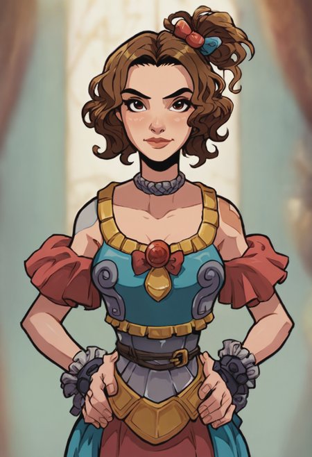 score_9, score_8_up, score_7_up, 1girl, portrait, solo, Standing with hands on hips, cute, confident expression, pov, (Harlequin armored dress), Chestnut Brown hair, portrait, rating_safe, <lora:pony\artist_styles\akabur_pony:1.0>