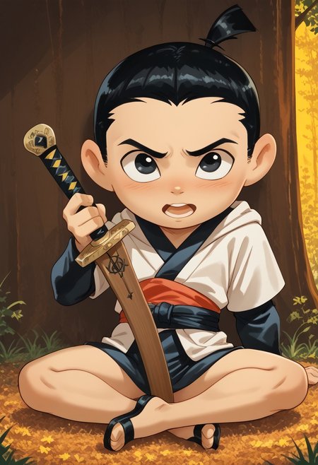 score_9, score_8_up, score_7_up, highly detailed, CuteCartoonStyle, cute, Score_9, Score_8_up, Score_7_up   <lora:Young Samurai Jack:1>,youngjack, fair skin, topknot, short black hair, black eyes, male, weapon, sword, 1boy, solo, male focus, black hair, wooden sword, yellow skin, open mouth, black eyes, holding, colored skin
 ,  <lora:Cute Cartoon ArtStyle:1>CuteCartoonStyle, 
<lora:IssaKa Poses:1>, full body,  sitting, sitted, open legs, hands beside body, front view