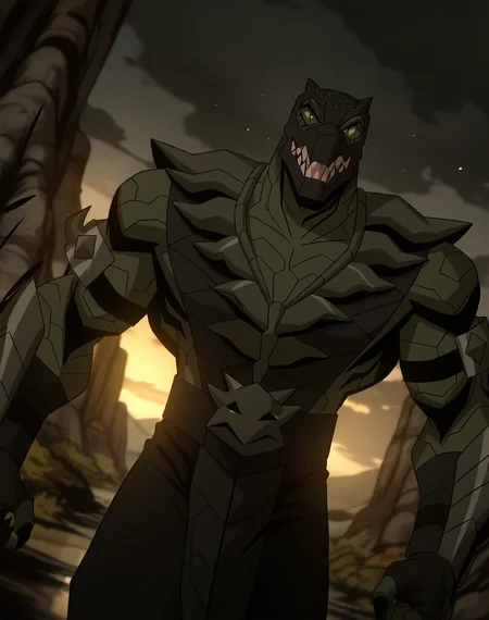 <lora:Reptile_(Mortal_Kombat_Legends_Scorpion's_Revenge)_(Illustrious)_(AD):1.35> Reptile_MK, muscular, Mortal Kombat, 
dutch angle, exterior, monumental architecture, wasteland, dark night sky with black clouds, mountains, ancient Asian stone ruins, 
male focus, gradient coloring, villain, cowboy shot, white teeth, 
BREAK very awe, aesthetically pleasing, masterpiece, best quality, amazing quality, very aesthetic, perfect depth of field shot, in'ei, source_furry, furry_art, 
Smooth Quality, lazympos, IllustQualXL_Pos,