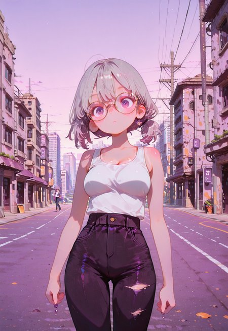 masterpiece, best quality, amazing quality, very aesthetic, realistic, newest, volumetric lighting, 

1girl, slim waist, medium breasts, tan skin, tan lines, light makeup, long grey hair, messy strands, low side ponytail, white tank top, ripped jeans, 

large rimless round glasses, purple eyes,

city setting, skyscrapers, view from front, depth of field, 
BREAK 
city aesthetic, urban elegance, dynamic light, vibrant colors, textured surfaces, dramatic shadows, rich details, city-inspired color palette, 

cinematic composition, view from front, (finely detailed face), posing, walking,

fl4t,