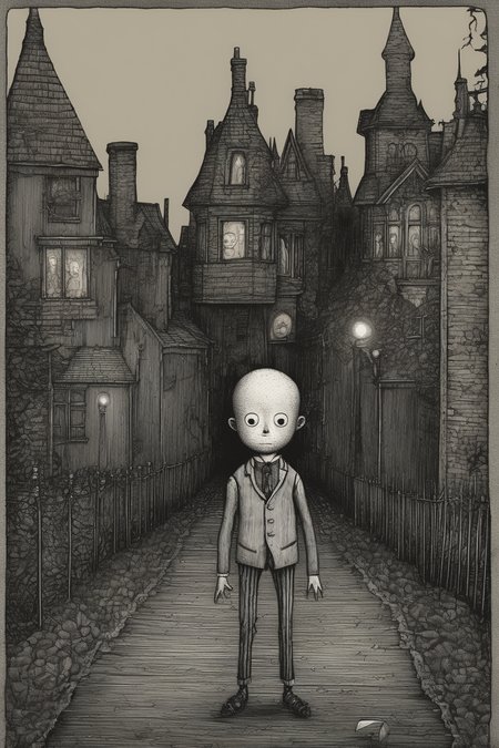 John Kenn Mortensen Style - a turn of the century creepy kid in the style of Edward gorey